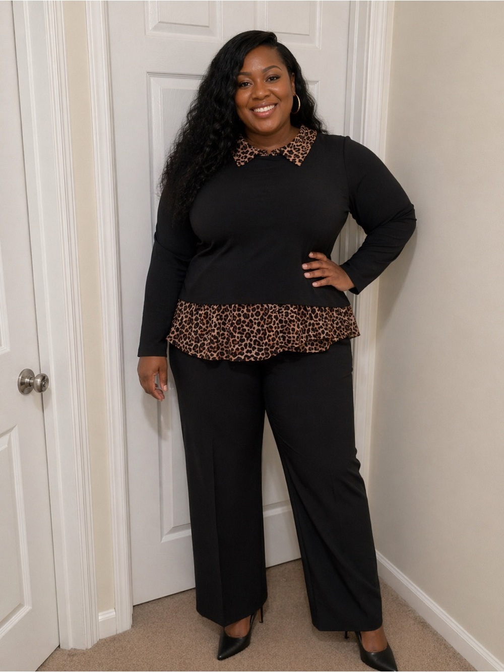 City Chic Black long sleeve shirt with Leopard Print Accents